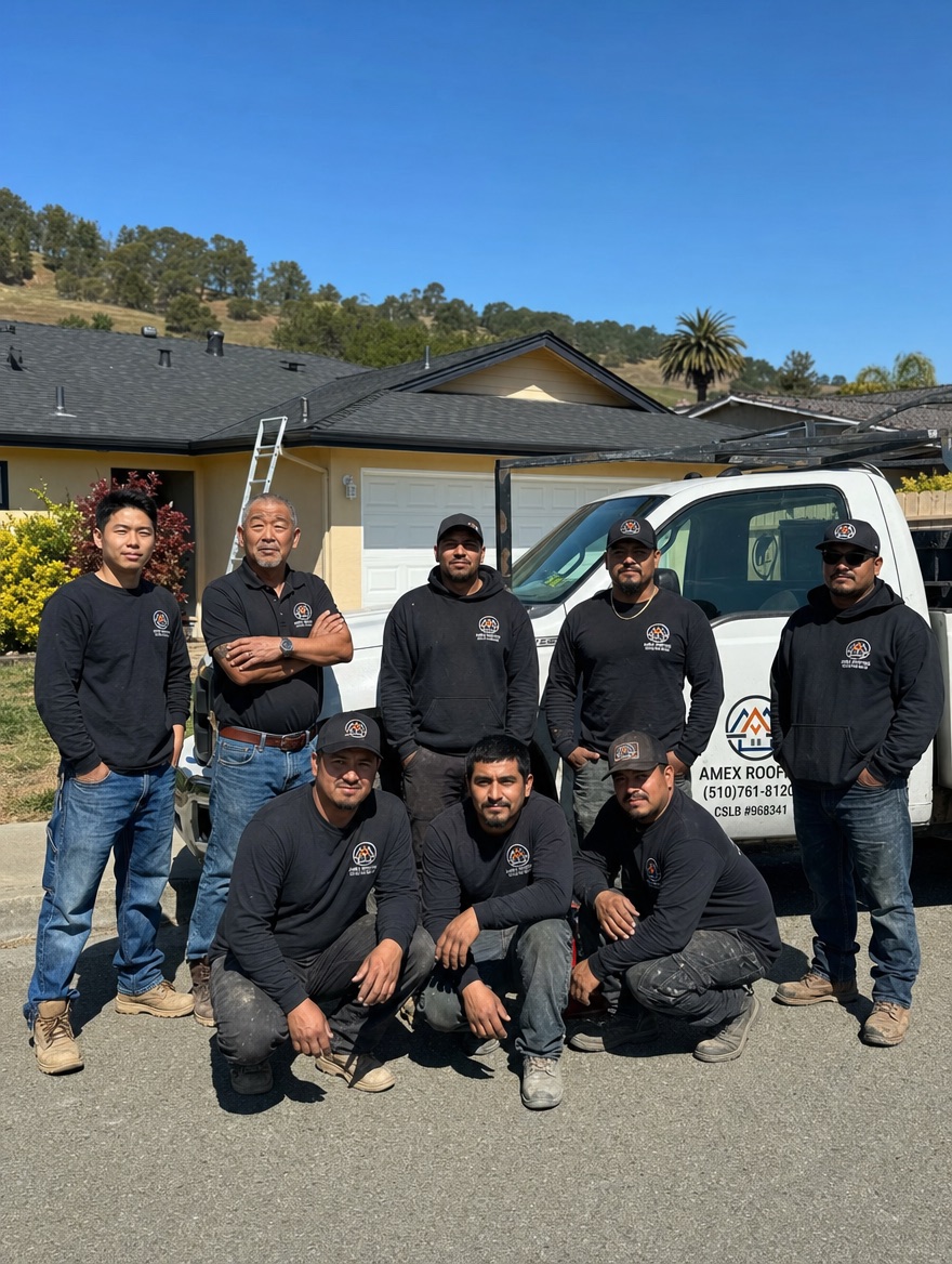 Group photo beside an Amex Roofing work truck