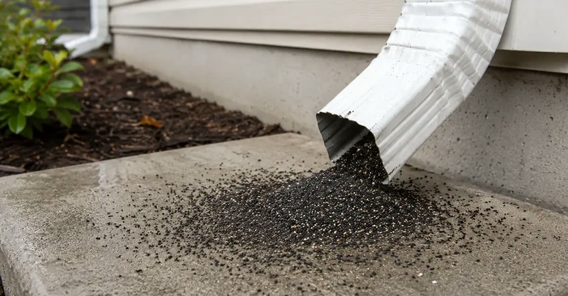 Shingle granules collected below a downspout