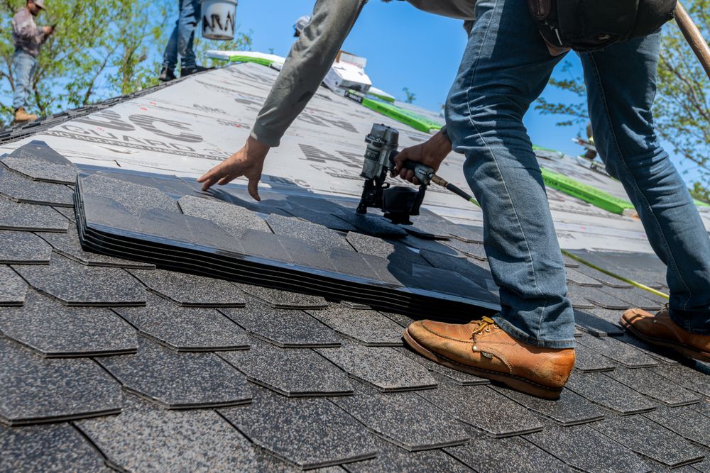 Roofing crew installing asphalt shingles over underlayment